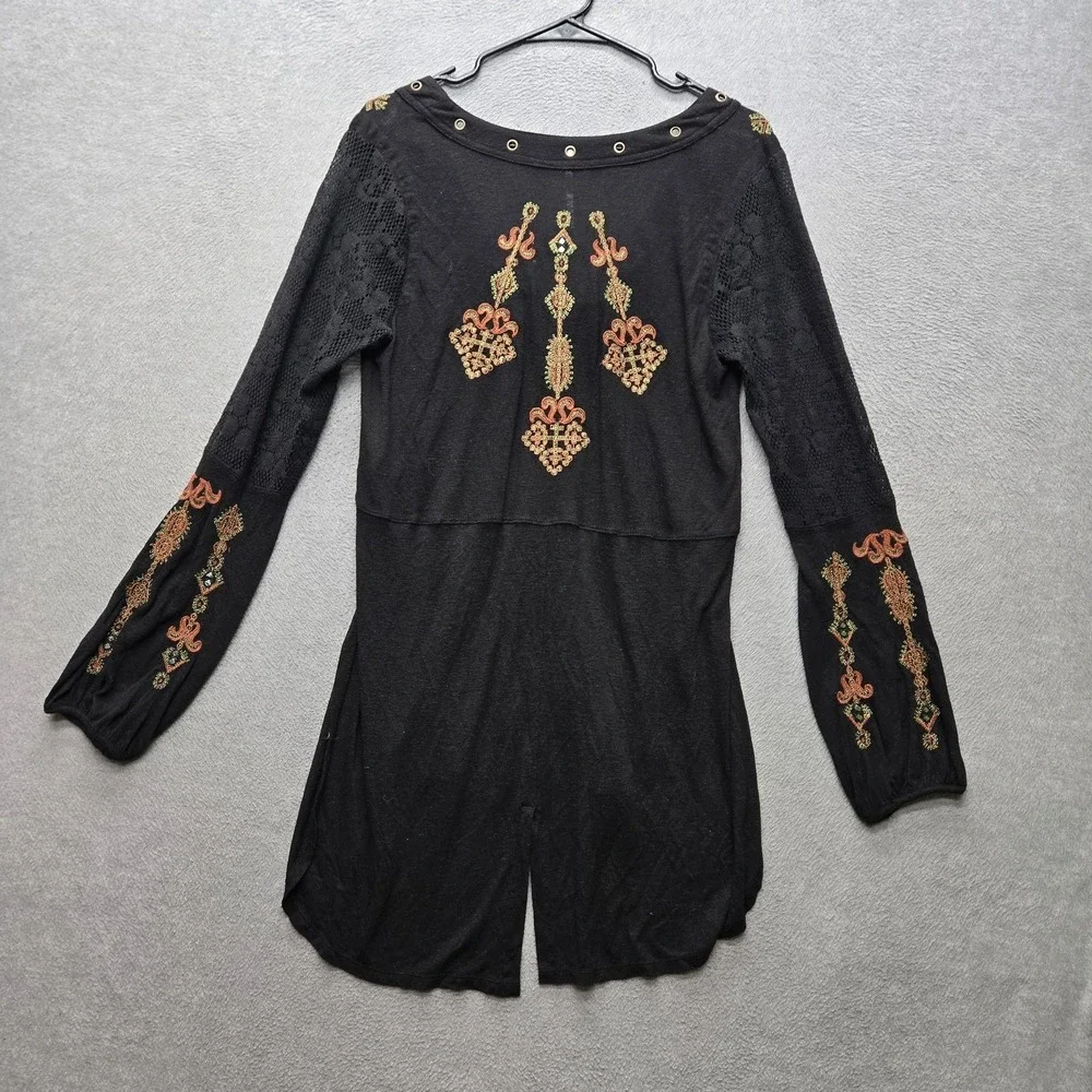 Free People Women Blouse M Black Linen Festival Boho Fairy Grunge Whimsigoth Y2K
